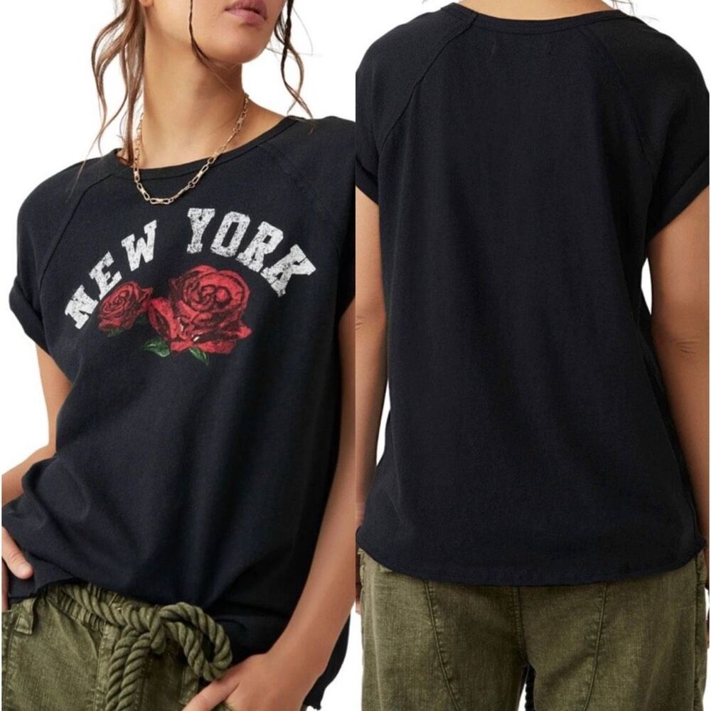 Free People X We The Free New York State Flower Rose Graphic Tee Black S NEW